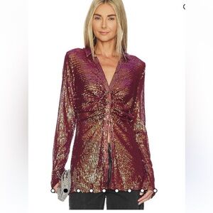 Z0010. New Free People Sequin Shirtee
Blouse Top Dark Rhubarb Sequin